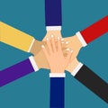 Hands of diverse group of people putting together. Concept of cooperation. agreement. teamwork