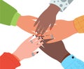 Hands of diverse group of people putting together. Concept of cooperation, unity, togetherness Royalty Free Stock Photo