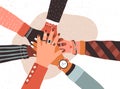 Hands of diverse group of people putting together. Concept of cooperation, unity, togetherness, partnership, agreement Royalty Free Stock Photo