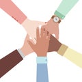 Hands of diverse group of people putting together. Concept of cooperation, unity, togetherness, partnership, agreement