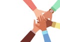Hands of diverse group of people putting together. Concept of cooperation, unity, togetherness, partnership, agreement Royalty Free Stock Photo