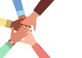 Hands of diverse group of people putting together. Concept of cooperation, unity, togetherness, partnership, agreement Royalty Free Stock Photo