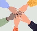 Hands of diverse group of people putting together. Concept of cooperation, unity, togetherness, partnership, agreement Royalty Free Stock Photo