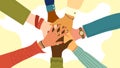 Hands of diverse group of people putting together. Concept of teamwork, cooperation, unity, togetherness, partnership