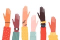 Hands of diverse group of people together raised up. Concept of support and cooperation, girl power, social community. Royalty Free Stock Photo