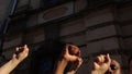 Hands of Diverse Interracial People Holding Up on Background city wall. Black Male and Female Hands . Black Lives Matter