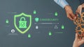 Hands of Diverse Professionals Collaborating on Cybersecurity Protection with Lock Icons and Gear Elements in Modern Royalty Free Stock Photo
