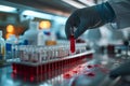 Hands of a doctor collecting blood sample tubes from rack with analyzer in lab. Doctor holding blood test tube in research Royalty Free Stock Photo