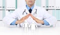 Hands doctor protect elderly people symbol health insurance