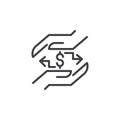 Hands with dollar exchange sign outline icon