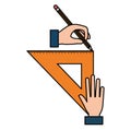 Hands drawing with triangular geometric rule school