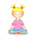 Hands drawn illustration of young smiling girl in pink t-shirt and blue shorts doing yoga by the color pencils