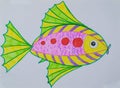 Hands drawn picture of swimming fish under water by the color pencils. Illustration of sealife for kids