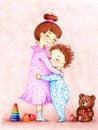 Hands drawn picture of two children hug each other