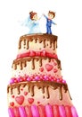 Hands drawn picture of wedding cake with chocolate glaze, groom and fiancee