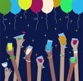 Hands with drinks of alcohol in glasses celebrate at Party - balloons above