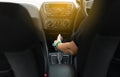 Hand driver using automatic gear shift system in car,Cropped image Royalty Free Stock Photo