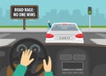 Hands driving a car on a crossroad. Road rage: no one wins warning billboard. Man in front car rudely gesturing while driving. Royalty Free Stock Photo