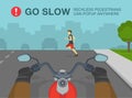 Hands driving a motorcycle on a highway. Go slow, reckless pedestrians can popup anywhere warning poster design.