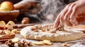 Hands dusting flour over pie dough in warm autumn kitchen setting with apples, cinnamon, and walnuts Royalty Free Stock Photo