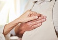 Hands, elderly care and support for love in hope, trust and faith or gratitude for caring relationship. Closeup of hand