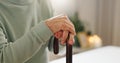 Hands, elderly and walking stick, person with a disability and mockup space with closeup. Senior care, cane to help with Royalty Free Stock Photo