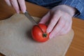 Hands of an elderly woman cutting a red ripe tomato Royalty Free Stock Photo