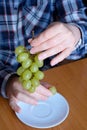 The hands of an elderly woman holds a small brush of white seedless grapes Royalty Free Stock Photo
