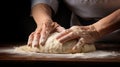 Hands of an elderly woman making dough to bake bread and pastries. Generative AI