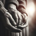 Hands of an elderly woman and a young man holding hands. Royalty Free Stock Photo