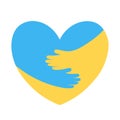 Hands embrace heart with yellow blue flag of Ukraine, support, help and pray for peace