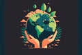 Hands embracing globe with overgrowing plants and leaves, created using generative ai technology