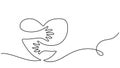 hands embracing heart with love vector illustrator, continuous one line drawing of hug love symbol