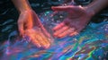 Hands Emerging From A Pool Of Iridescent Paints Royalty Free Stock Photo