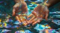 Hands Emerging From A Pool Of Iridescent Paints Royalty Free Stock Photo