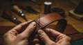 Hands engaged in leatherworking, stitching a brown leather strap with a needle and Royalty Free Stock Photo