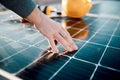 Hands, engineer and solar panel in construction for renewable energy, electricity or technology. Hand of electrician or Royalty Free Stock Photo