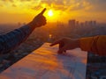 hands of engineers and architects pointing at a document design on the construction site sun set Royalty Free Stock Photo