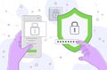 hands entering passcode on smartphone with protection shield mobile account locked privacy security protection
