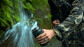 Hands of European young hiker hold glass, draws water from waterfall for drinking, in middle of rainforest