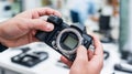 Hands examining a mirrorless camera body without a lens, focused on the digital image sensor and lens mount structure Royalty Free Stock Photo