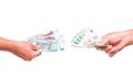 Hands exchange rubles for euros. People exchange currency, hands transmit money. Royalty Free Stock Photo