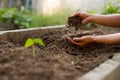 Expert farmer pouring soil at garden