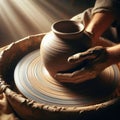 Hands for clay pot on potters wheel, in artist studio
