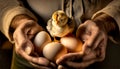 Hands of a Farmer Holding a Group of Chicken Eggs and a Chick - Generative Ai