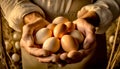 Hands of a Farmer Holding a Group of Chicken Eggs - Generative Ai