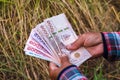 Hands farmer are holding thai banknote in rice field, money thai baht in hand farmer, hand are holding money banknote of thailand Royalty Free Stock Photo