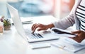 Hands of a female entrepreneur sending emails and doing research on the internet. Businesswoman, secretary and data Royalty Free Stock Photo