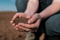 Hands of female farmer full of freshly ploughed fertile soil ground