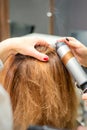 Hands of female hairstylist curls hair client with a curling iron in a hairdressing salon, close up. Royalty Free Stock Photo